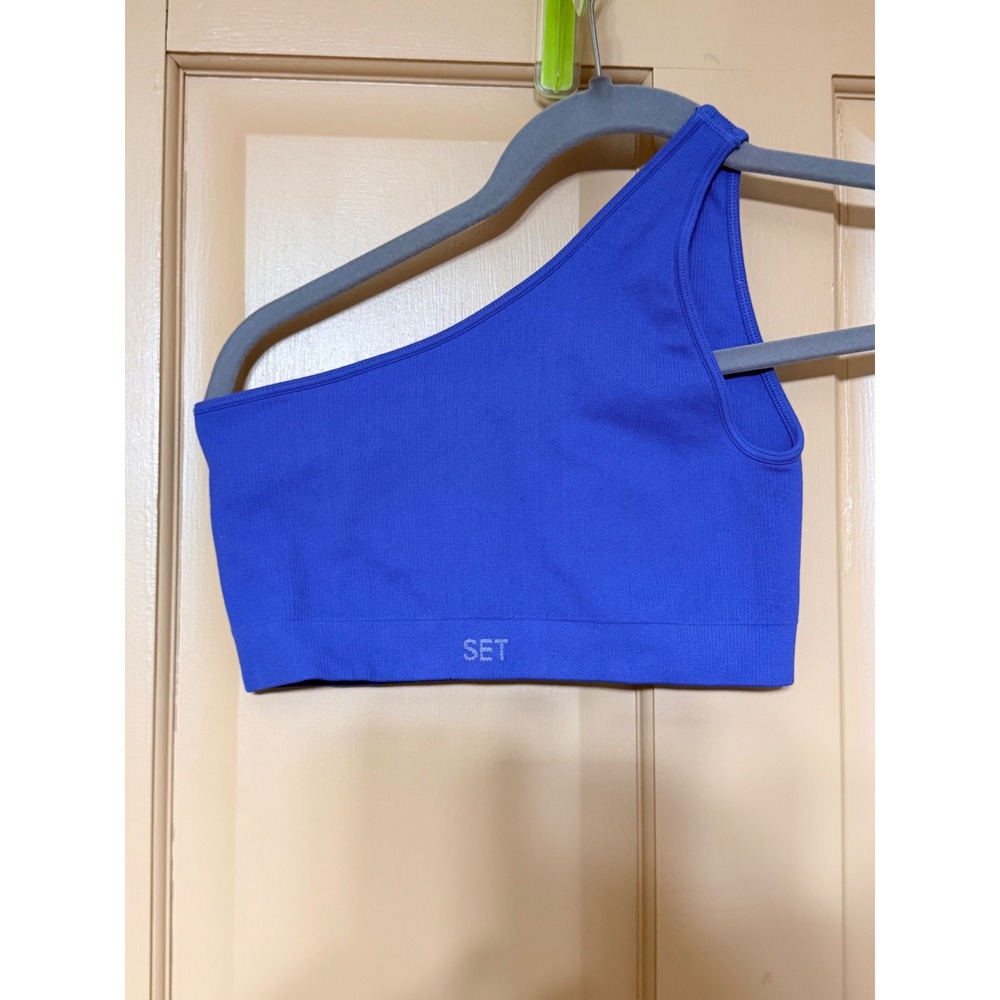 SET ACTIVE One Shoulder Sports Bra Royal Blue Ribbed Seamless Top Size M